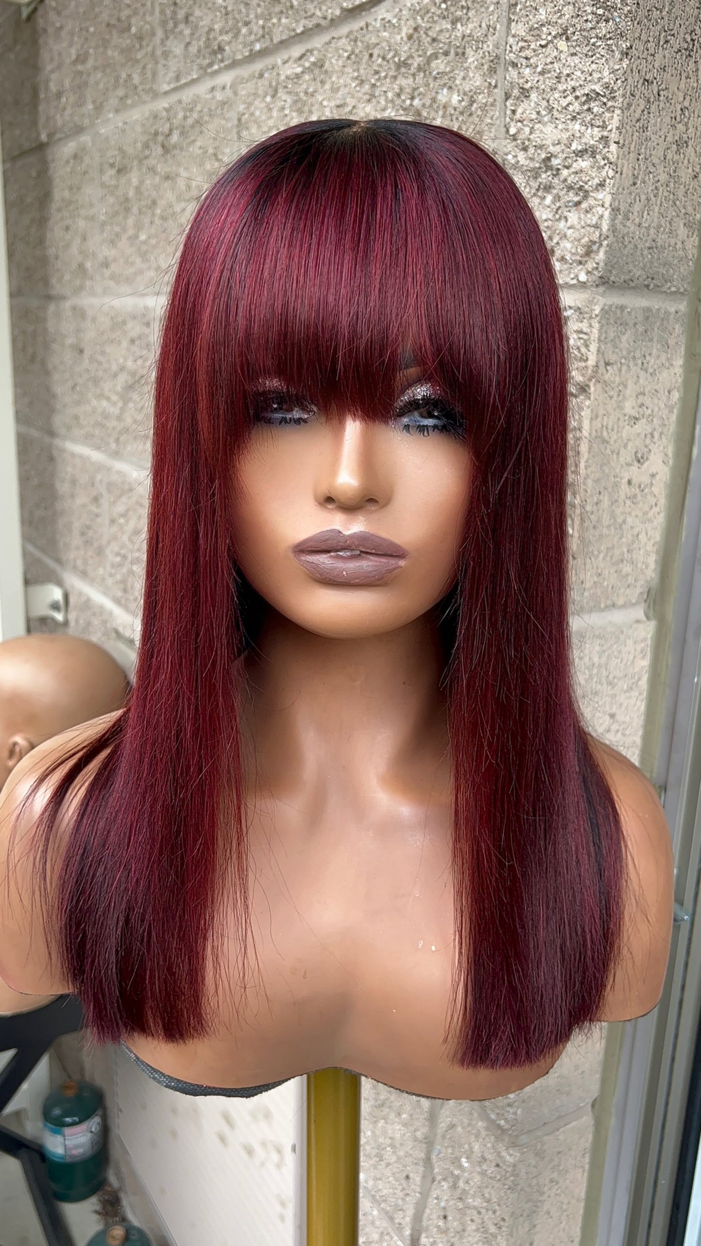 Deep red fringed bang unit